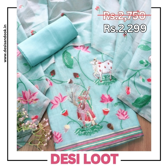 Khayal Powder Blue Pichwai Authentic Jamdani Weaved Hemline Chanderi Suit Set