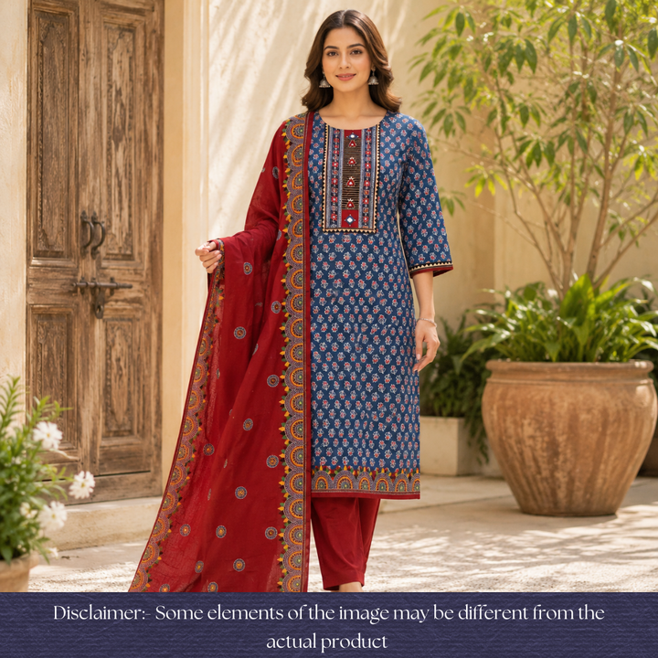 Vaniya Denim Blue Kutch Mirror Yoke Ajrak Print Cotton Set