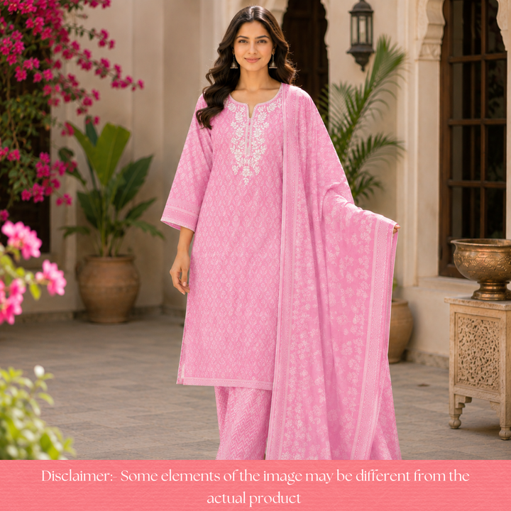 Aaruhi Fuscia Pink Chikankari Inspired Neck Printed Cotton Set
