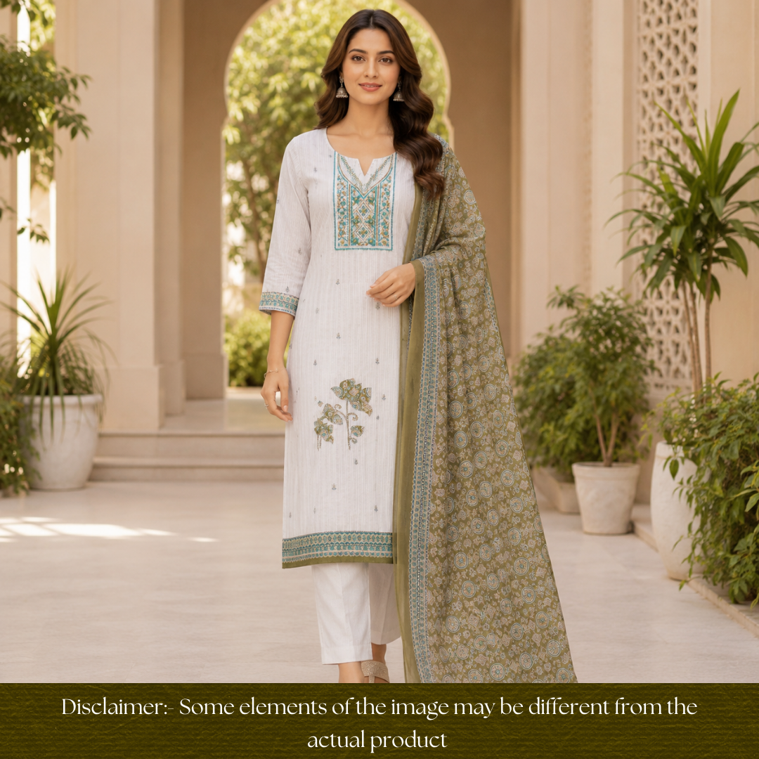 Avantika Beige with Green  Kolkata Hand Embroidered Cotton Linen Set