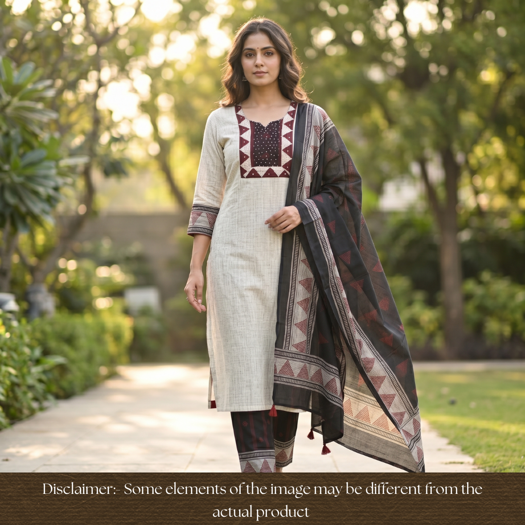 Haseena Hazel Tan with Black Printed Yoke Sequine Work Cotton Set