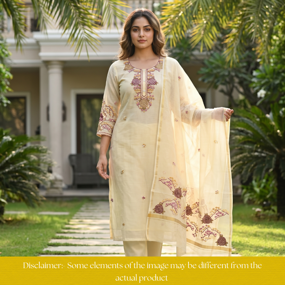 Shivani Butter Yellow Kolkata Hand Embriodered Kota Doriya Set