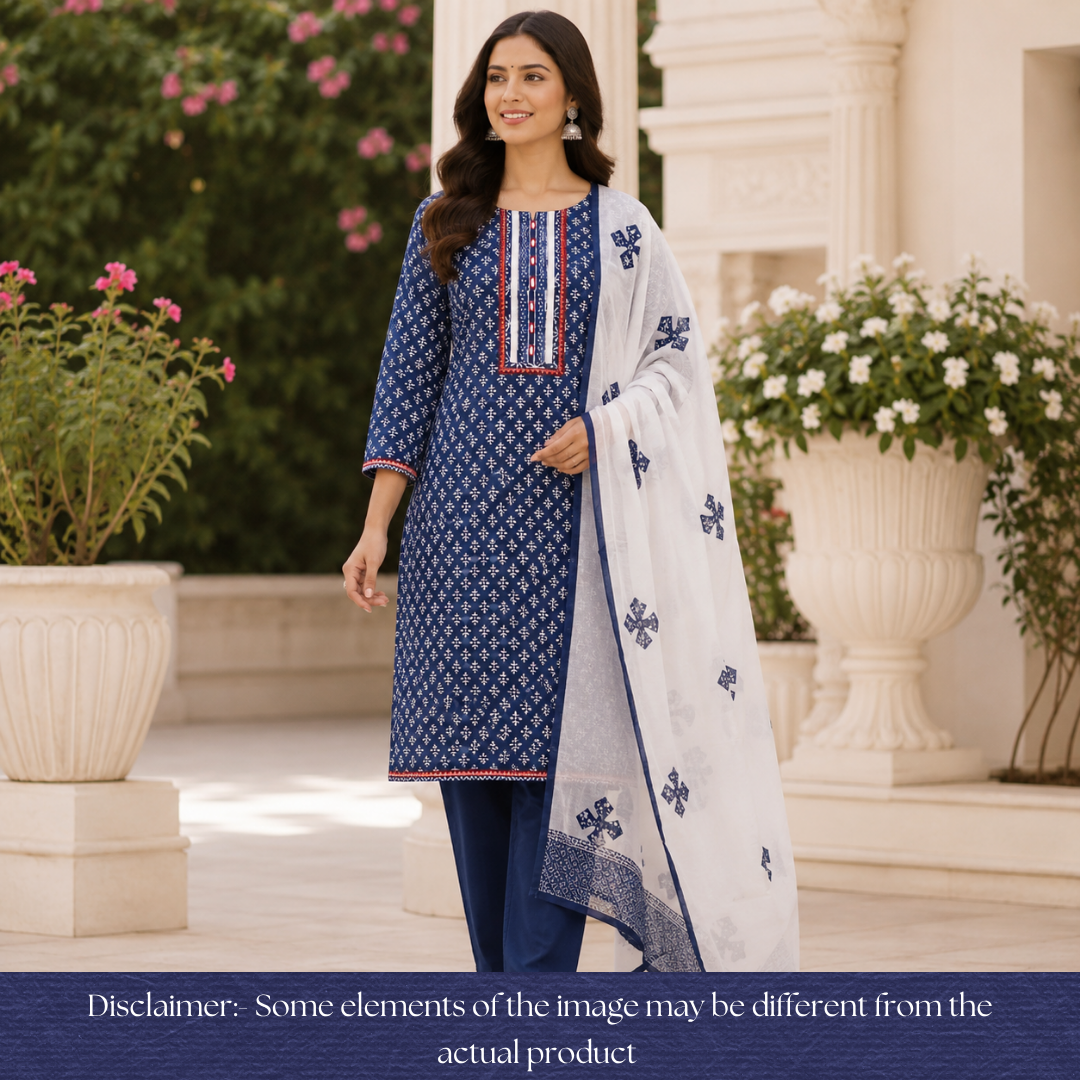 Padma Indigo Blue  Kutch Mirror Dabu Printed Cotton Suit Set D3