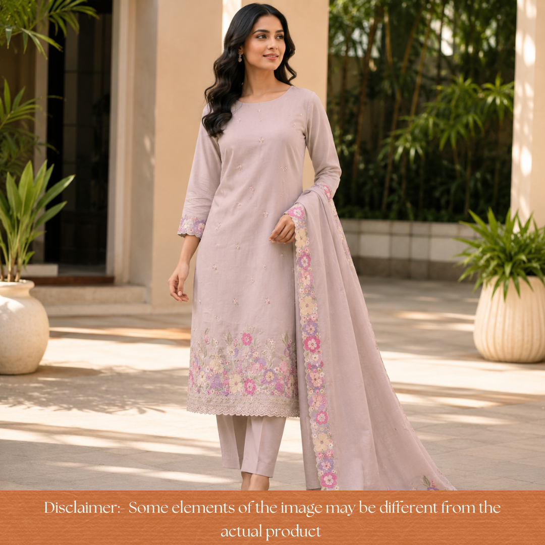 Mannat Hazel Tan Thread Embroidered Hem Mul Chanderi Set