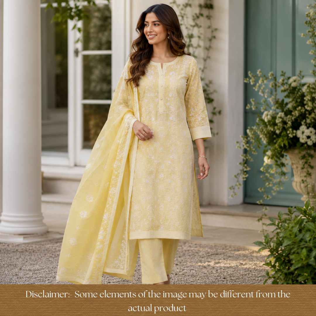 Jiya Leaf Yellow All Over Embroidered Cotton Set