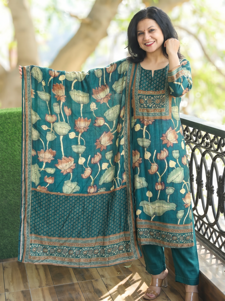 Rushali Teal Spiral Zari Work Printed Muslin 3 Piece Set
