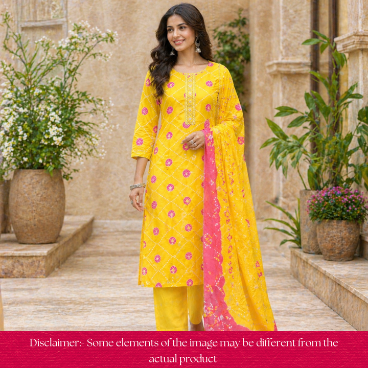 Bilori Corn Yellow Lace Patch Authentic Bandhej Work Cotton Suit Set