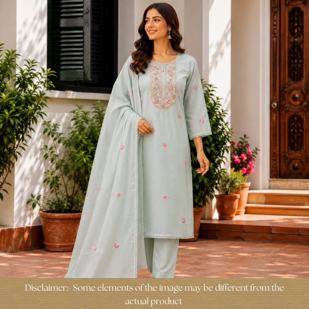 Praushna Sage Green Kolkata Hand Embroidered Mul Cotton Set