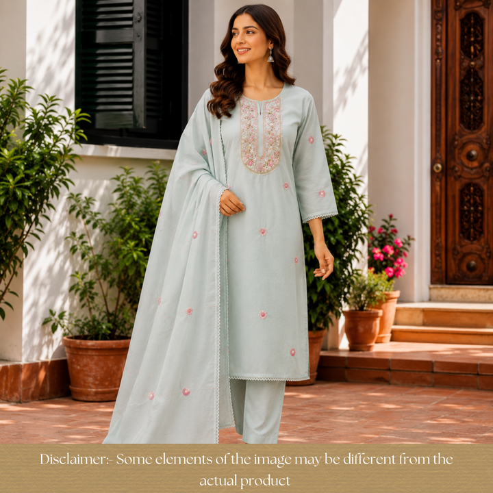 Praushna Sage Green Kolkata Hand Embroidered Mul Cotton Set