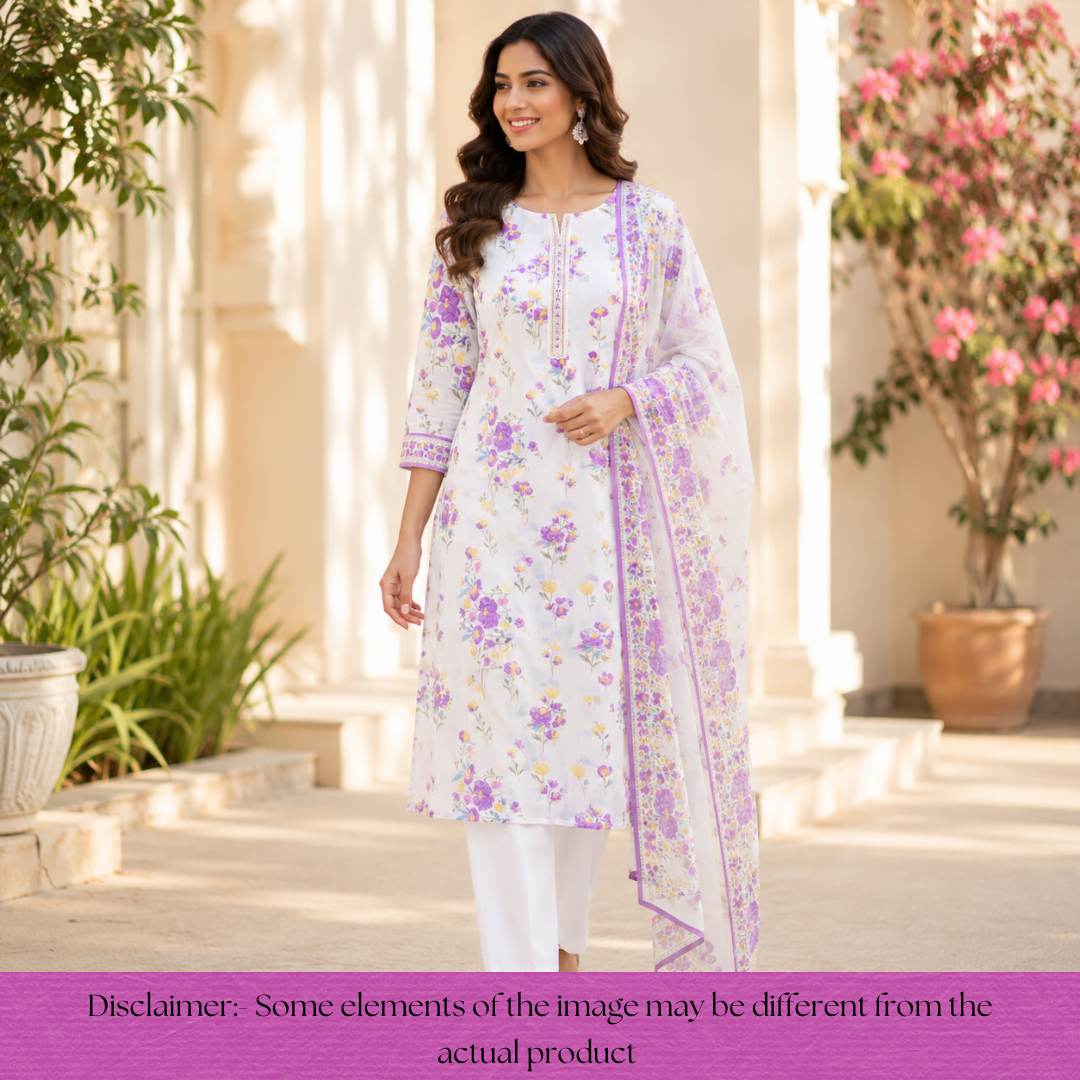 Ada Off-White with Purple Floral Printed Embellish Patch Modal Set
