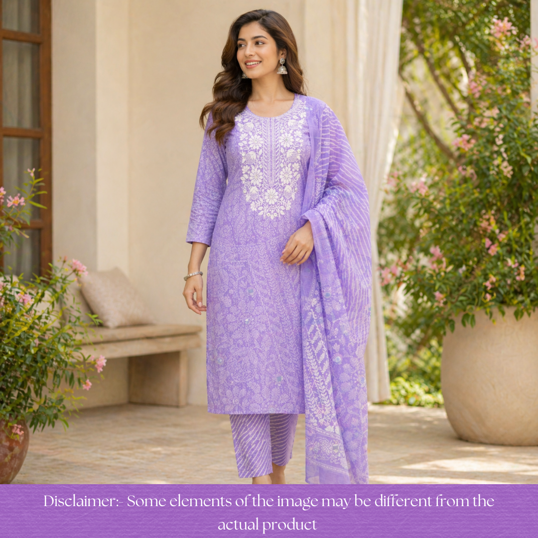 Stella Heliotrope Lilac Chikankari Inspired Neck Printed Cotton Set