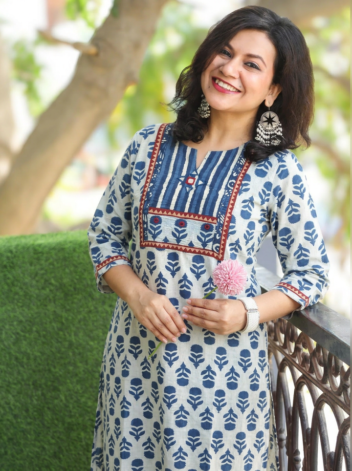 Shardha Iced Blue Kutch Dabu Cotton Kurti