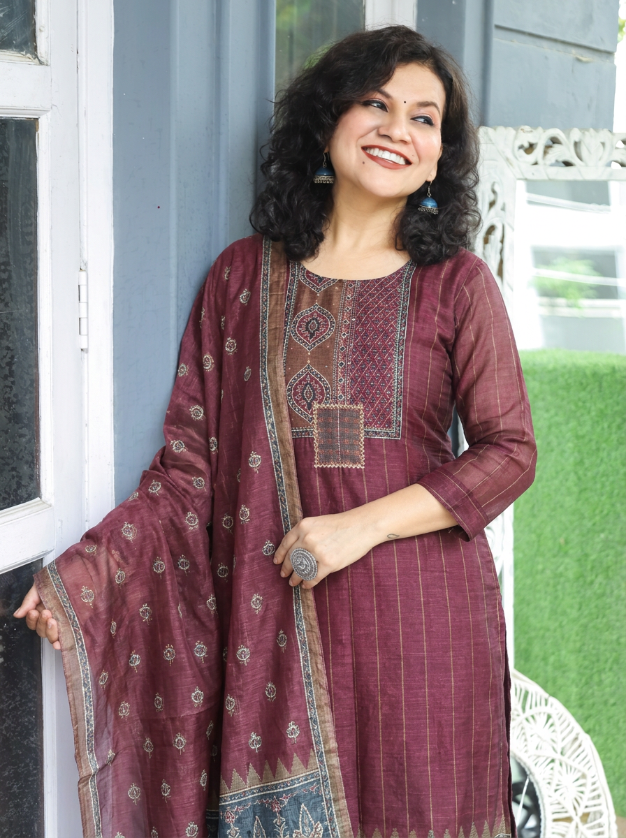 Elisha Barn Maroon Kantha Embroidered Chanderi 3 Piece Set