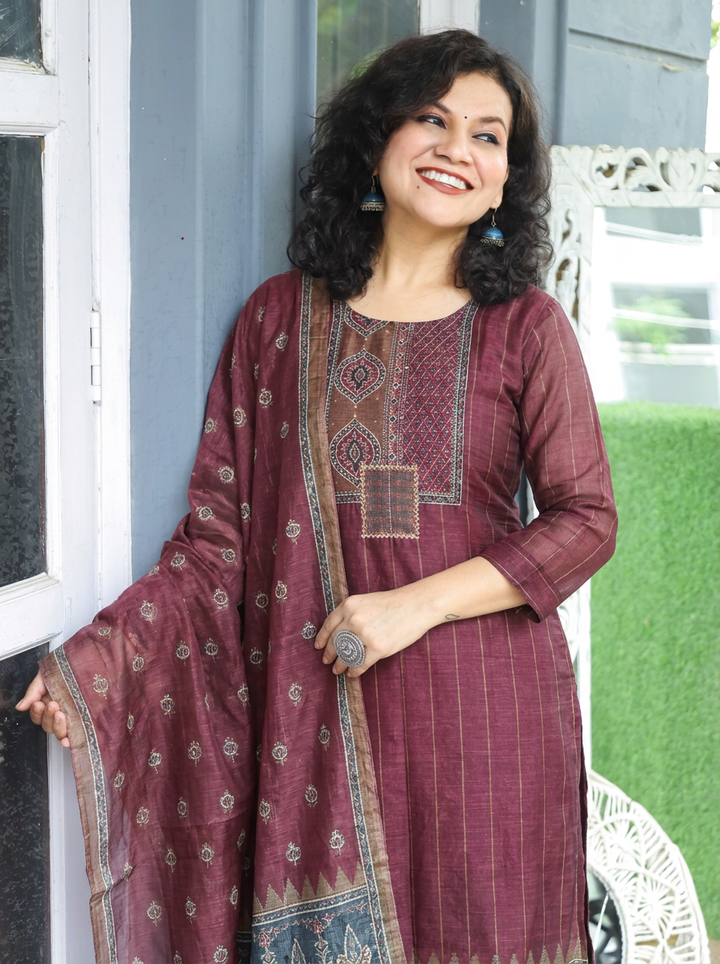 Elisha Barn Maroon Kantha Embroidered Chanderi 3 Piece Set