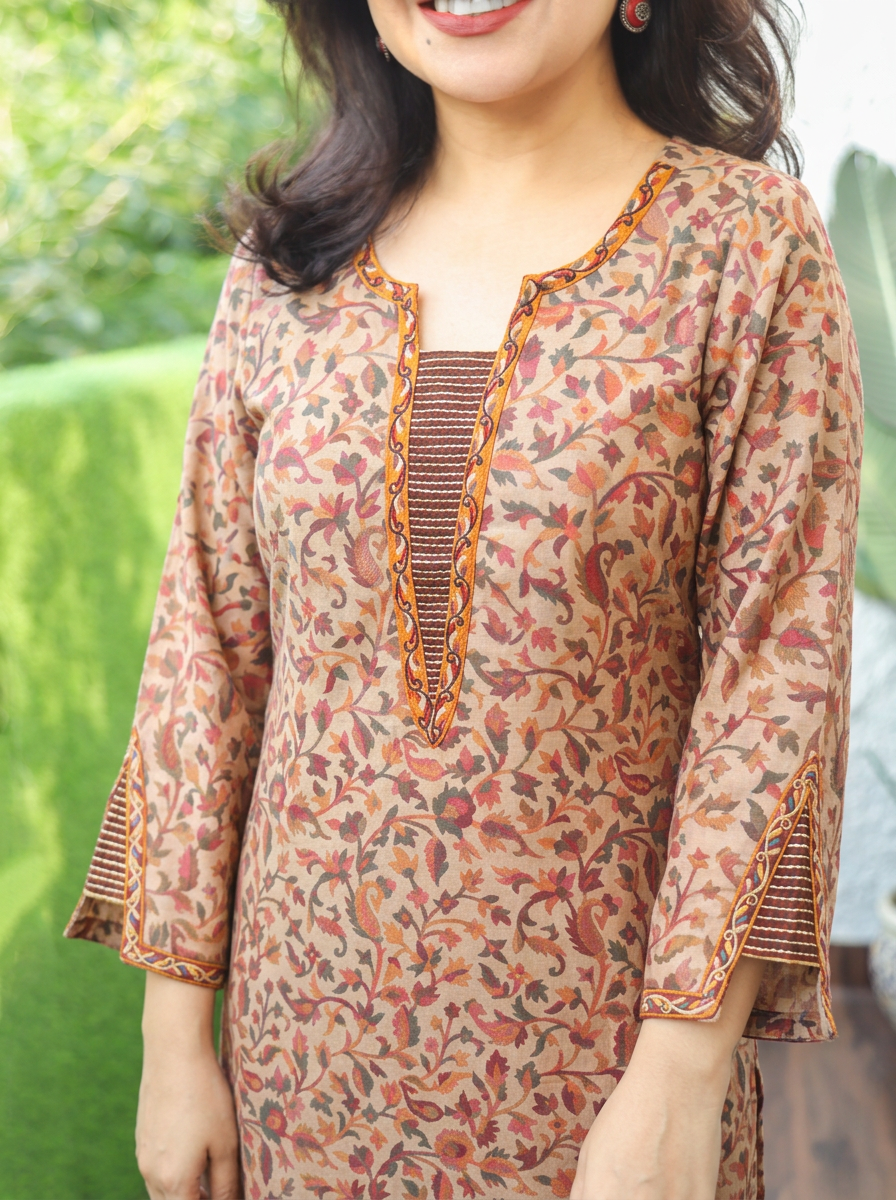 Samira Sand Beige Minimal Embroidery Kanni Print Semi Woolen Winter Kurti