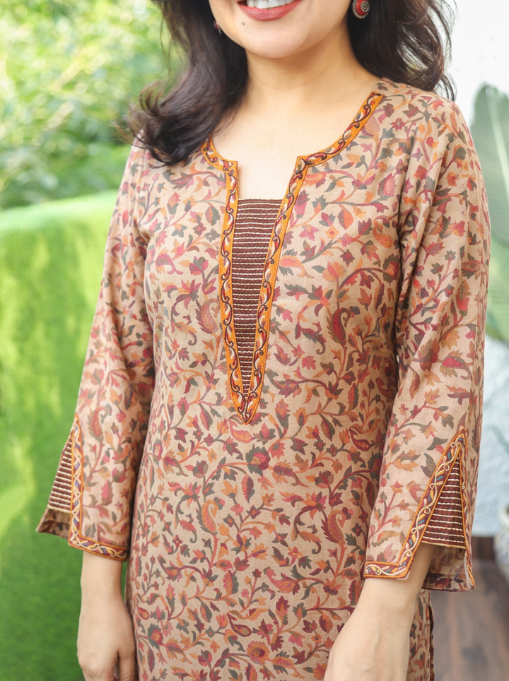Samira Sand Beige Minimal Embroidery Kanni Print Semi Woolen Winter Kurti