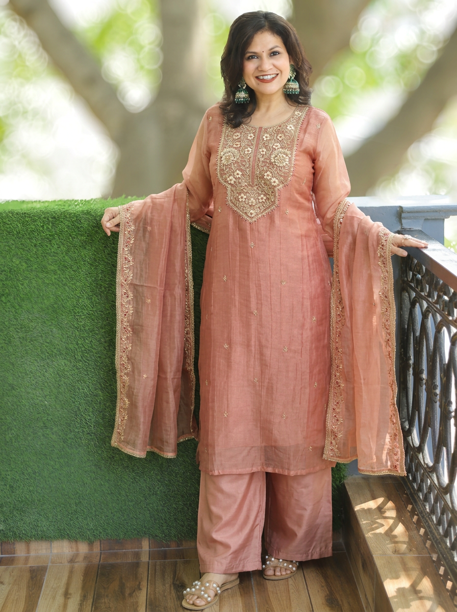 Ragini Dusty Rose Zari Work Crinkle Shimmer Tissue 3 Piece Set