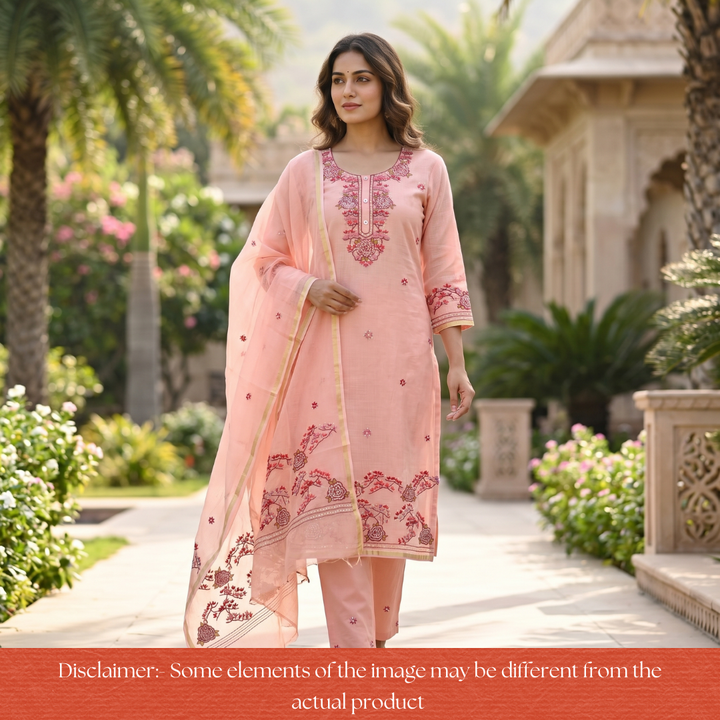 Shivani Pumpkin Peach Kolkata Hand Embriodered Kota Doriya Set