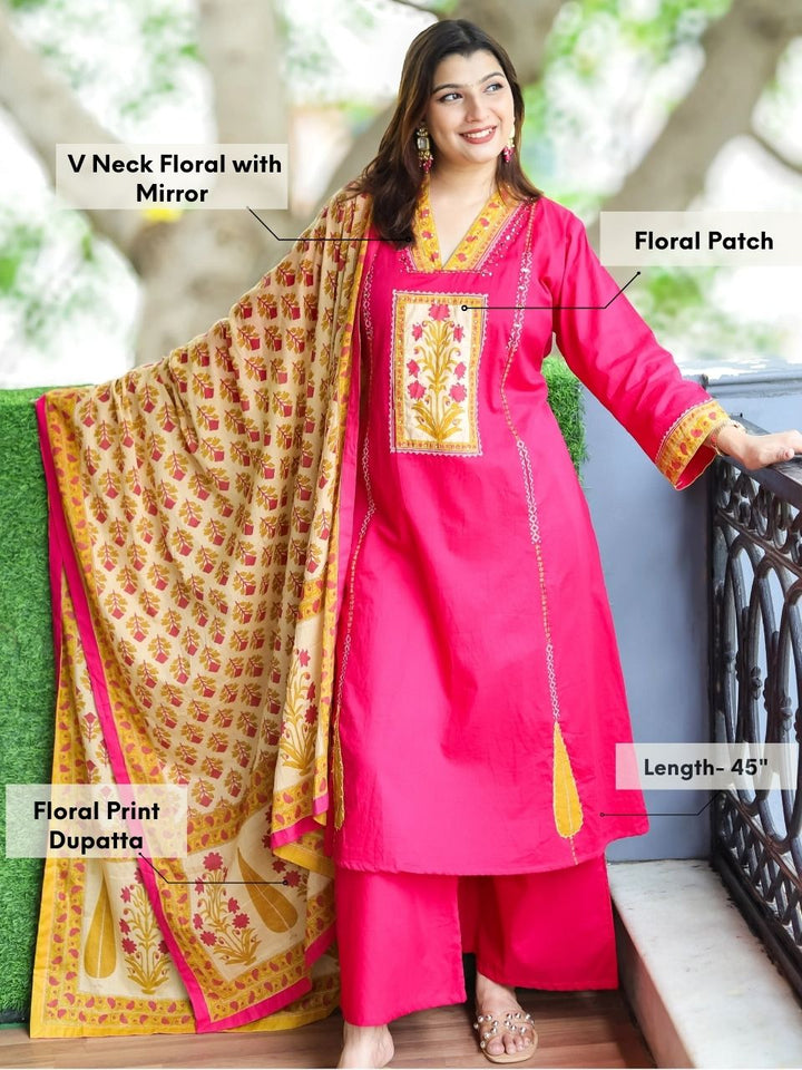 Roohi Bright Pink V Neck Floral Patch with Mirror Work Panel Style Cotton 3 Piece Set