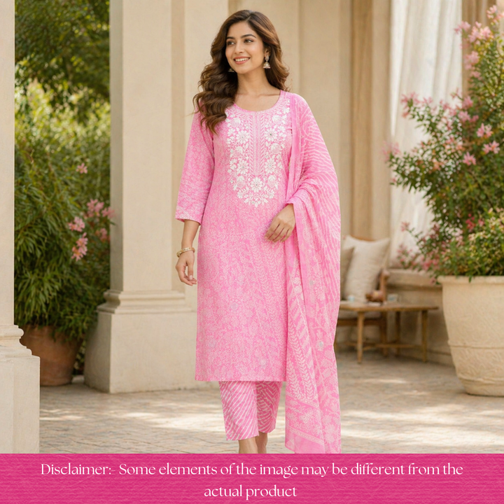 Stella Candy Pink Chikankari Inspired Neck Printed Cotton Set