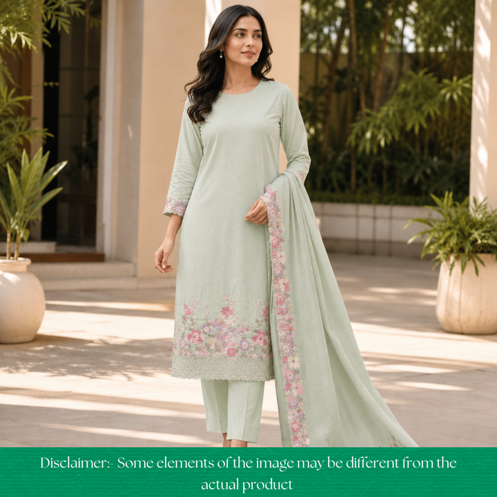 Mannat Sage Green Thread Embroidered Hem Mul Chanderi Set