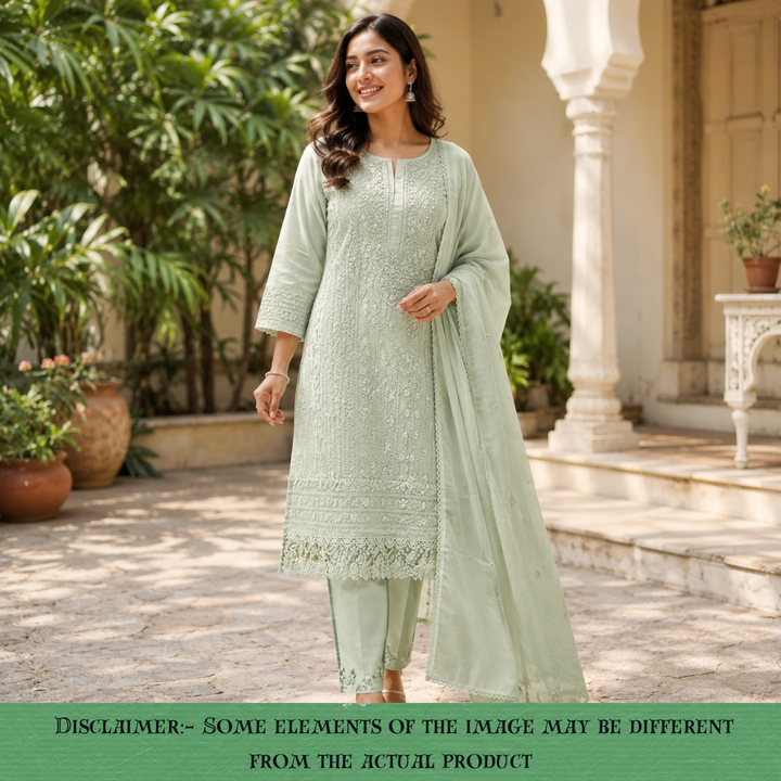 Premika Fern Mint All Over Hand Embroidered Mul Chanderi Set