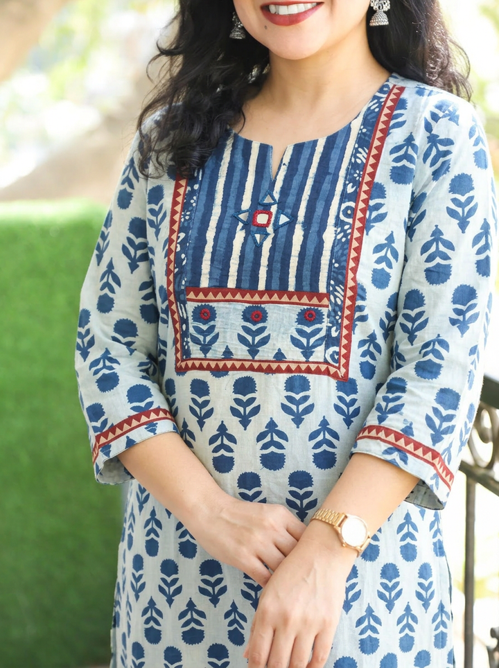 Shardha Iced Blue Kutch Dabu Cotton Kurti