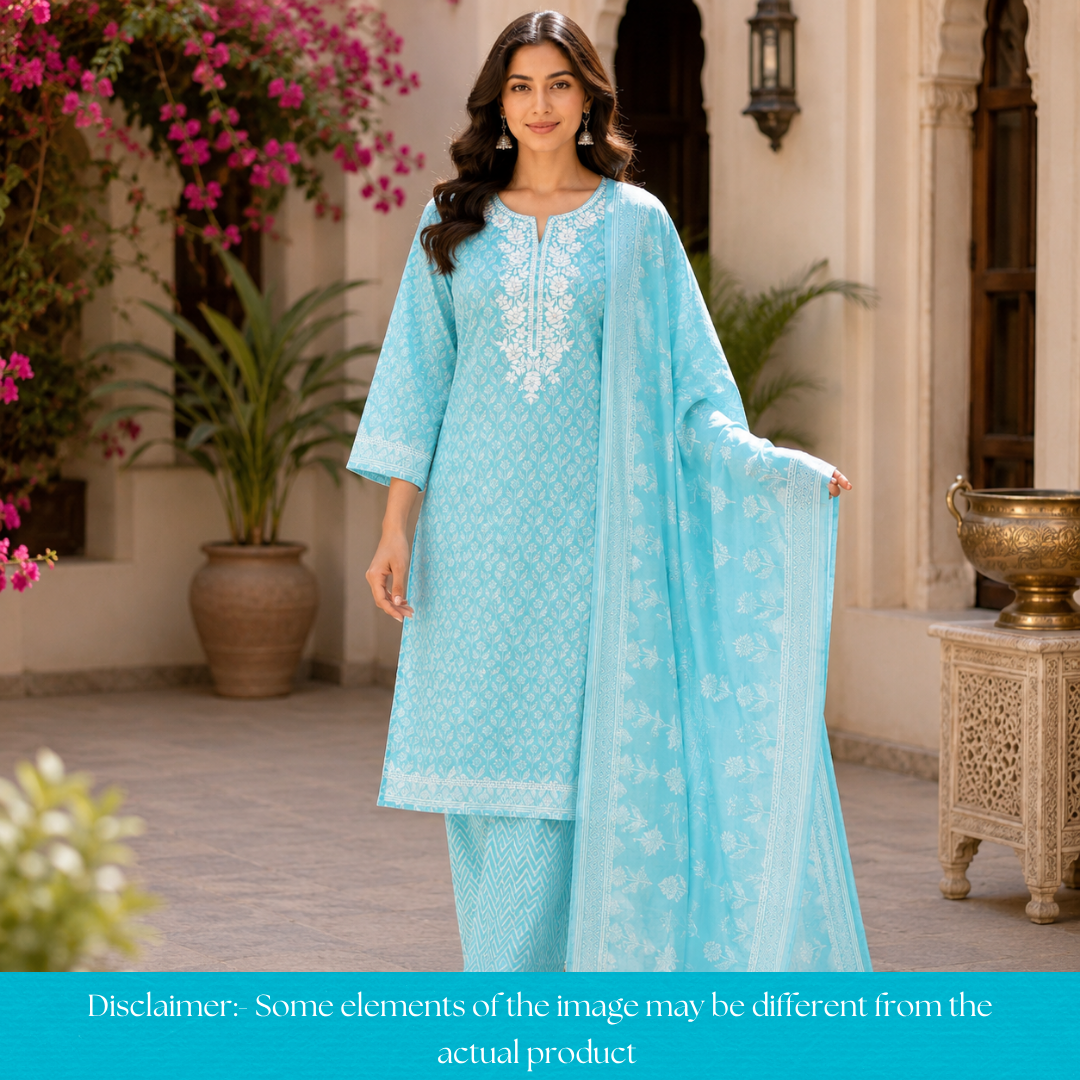 Aaruhi Ice Aqua Chikankari Inspired Neck Printed Cotton Set