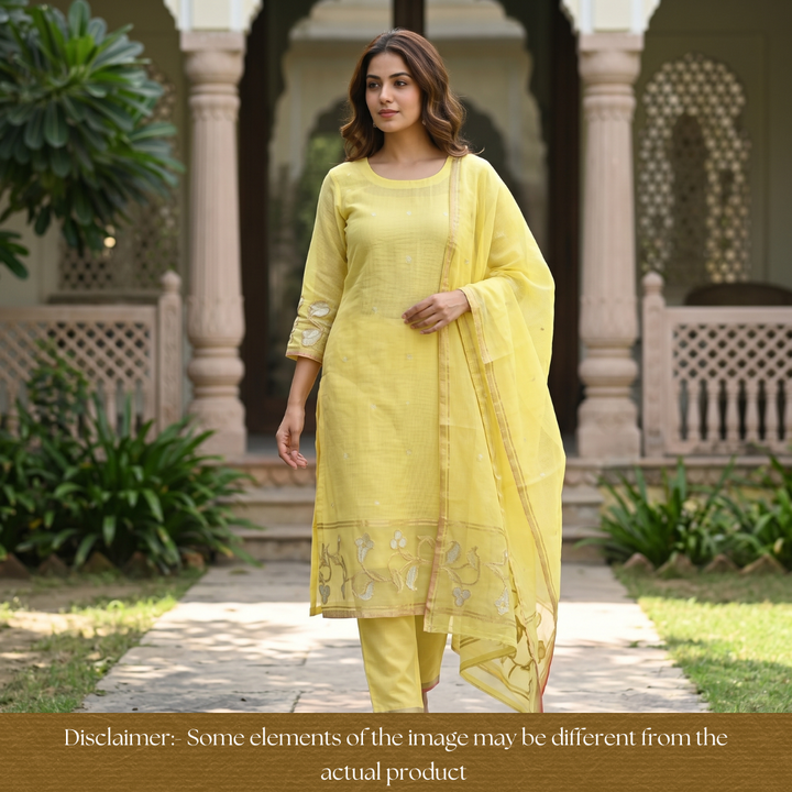 Eyana Butter Yellow Zari Detailing Tussar Cotton Chanderi Set