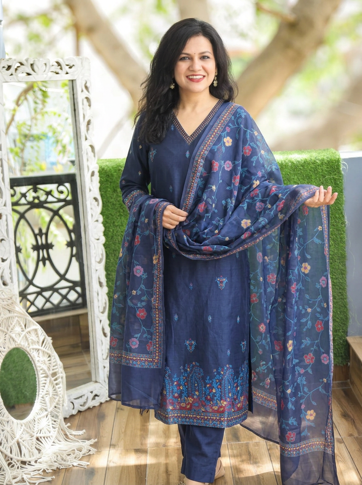Madhuri Blue Floral Jamdani 3 Piece Set