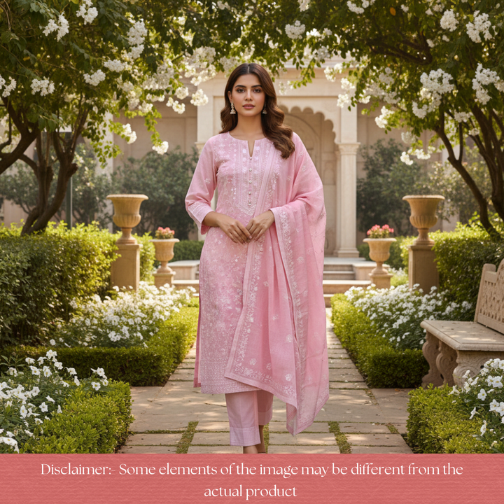 Jiya Blush Pink All Over Embroidered Cotton Set