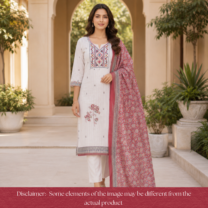 Avantika Beige with Red Kolkata Hand Embroidered Cotton Linen Set
