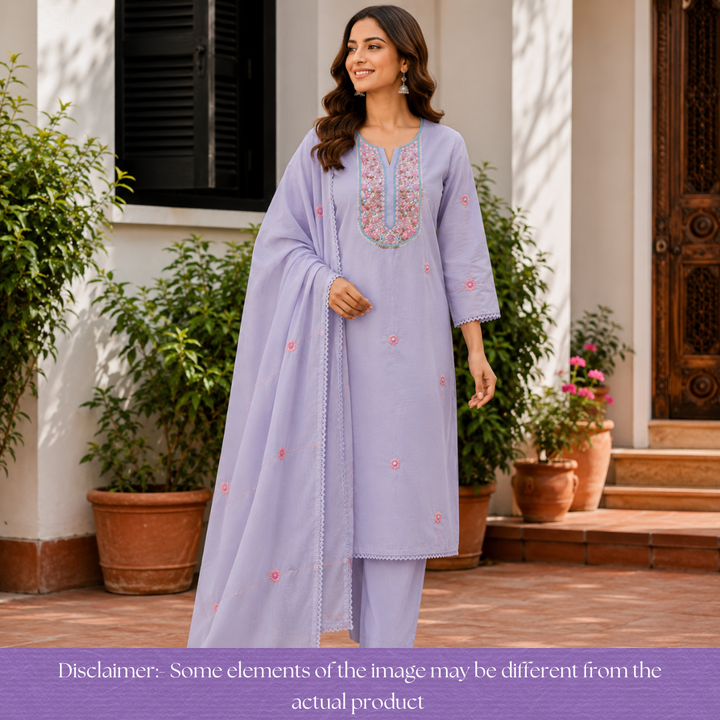 Praushna Purplish Grey Kolkata Hand Embroidered Mul Cotton Set
