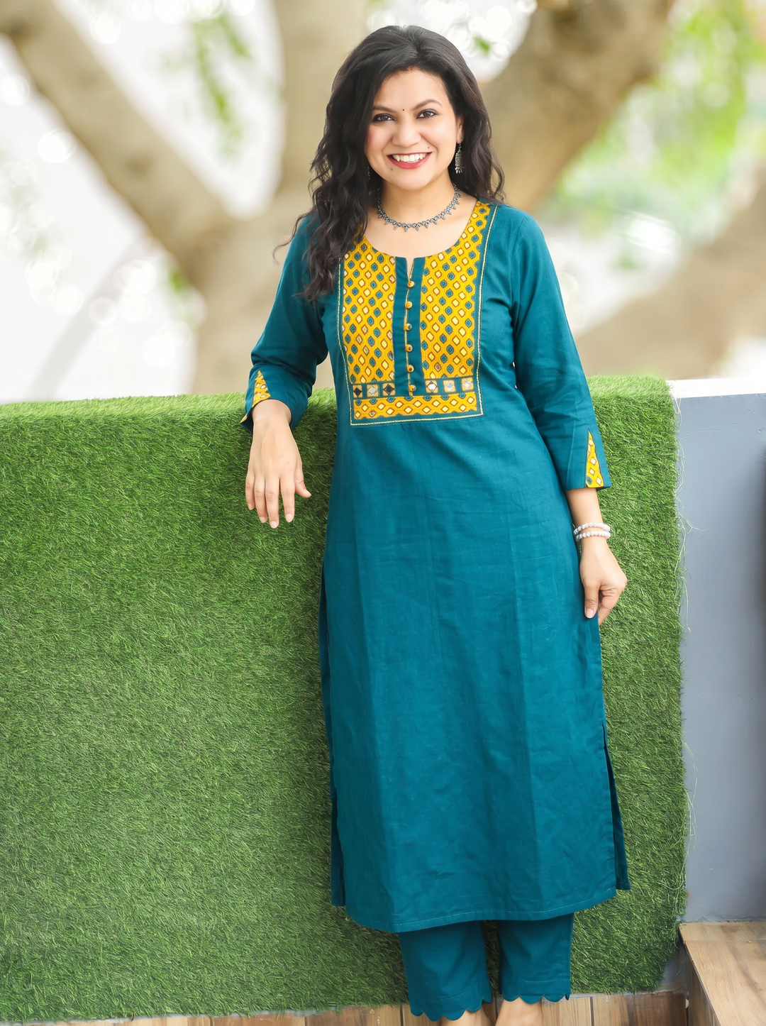 Sridevi Teal Potli with Mirror Ajrak Yoke Cotton Kurti
