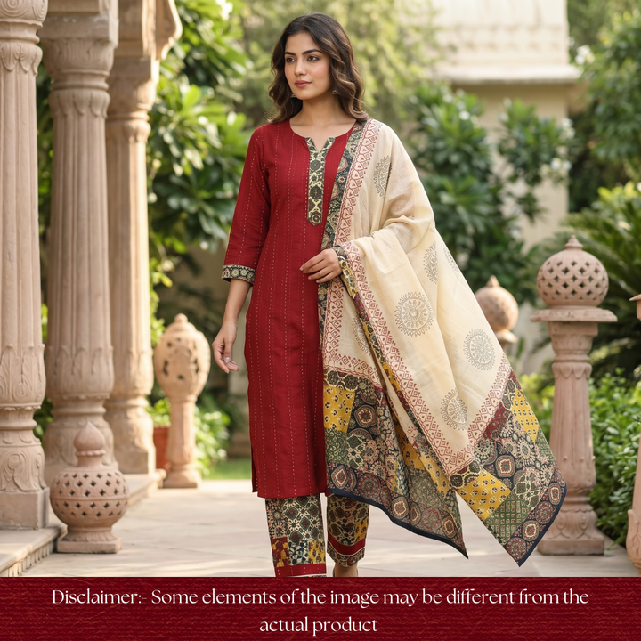 Jiya Bride Red Running Stitch Work with Patch Cotton Set
