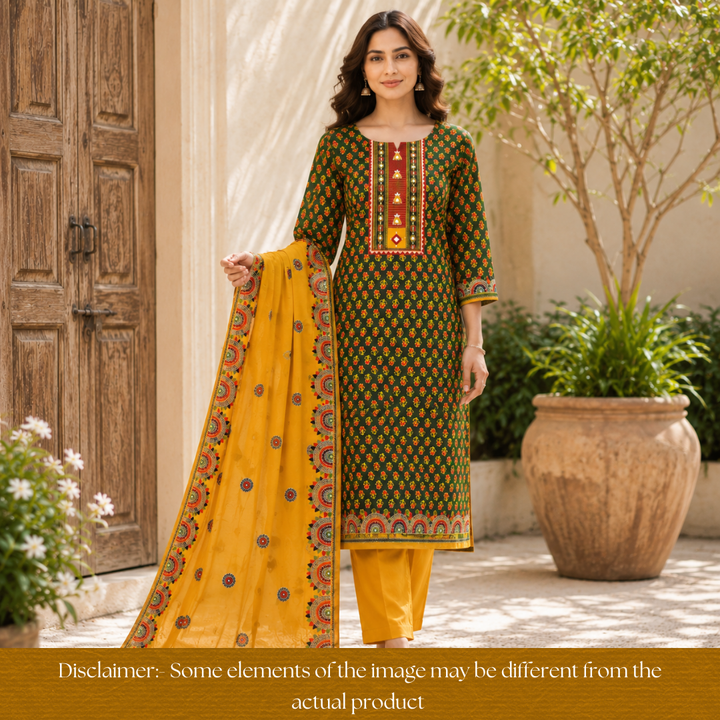 Vaniya Forest Green Kutch Mirror Yoke Ajrak Print Cotton Set