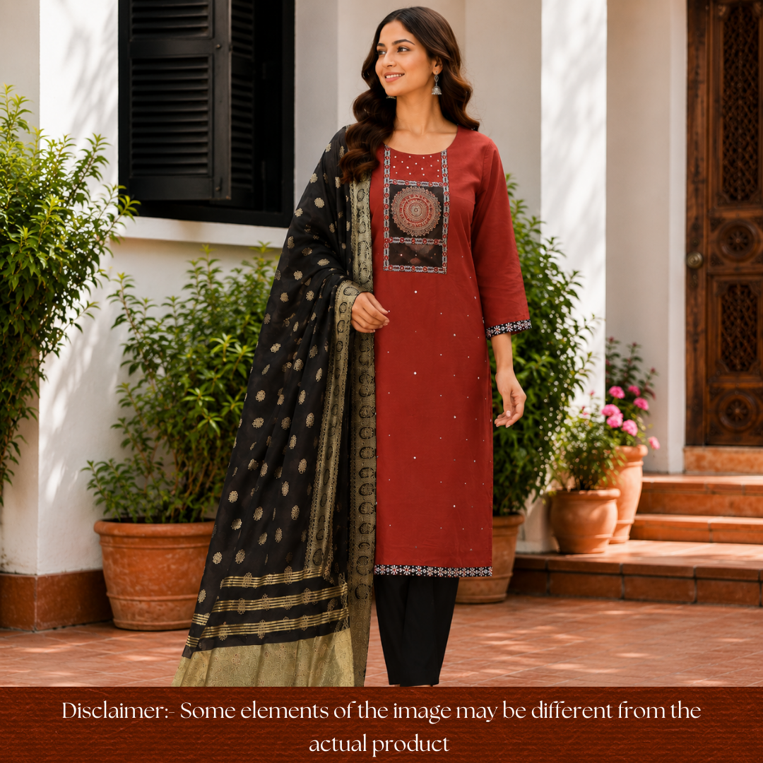 Kakaswi Barn Maroon Ajrakh Patch with Patra Work Cotton Set