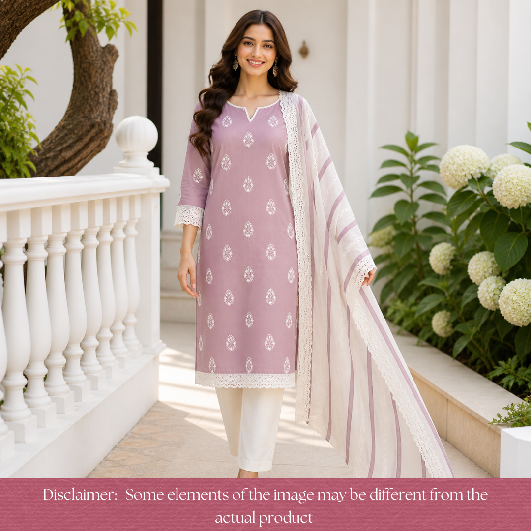 Jiya Petal Lavender French Knot Detailing Cotton Set