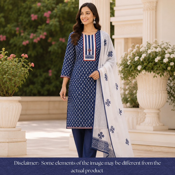 Padma Indigo Blue  Kutch Mirror Dabu Printed Cotton Suit Set D4