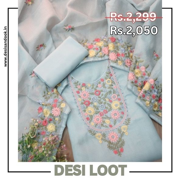 Alfaaz Powder Blue Embroidered Yoke with Kardana and Moti Work Kota Doriya Set
