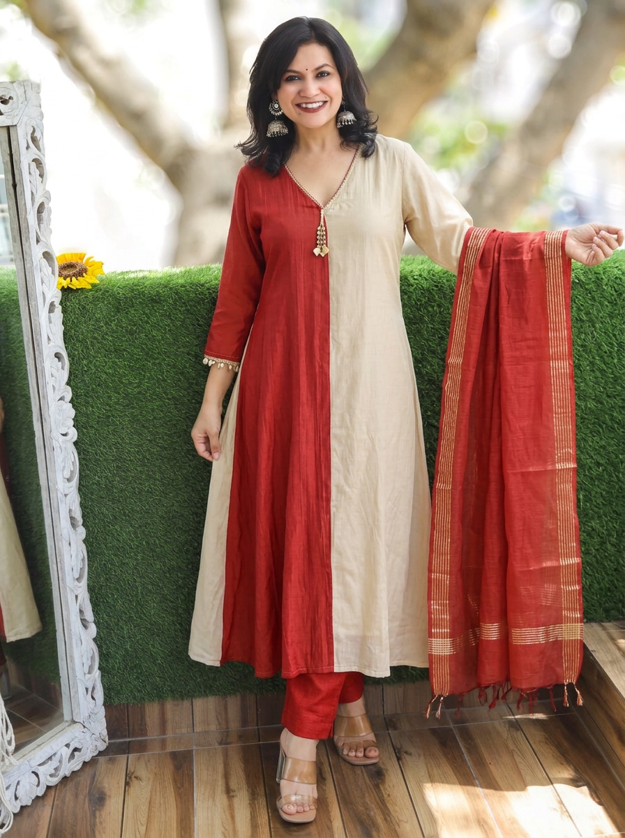 Parineeti Beige with Rust Panel Style Mul Chanderi 3 Piece Set
