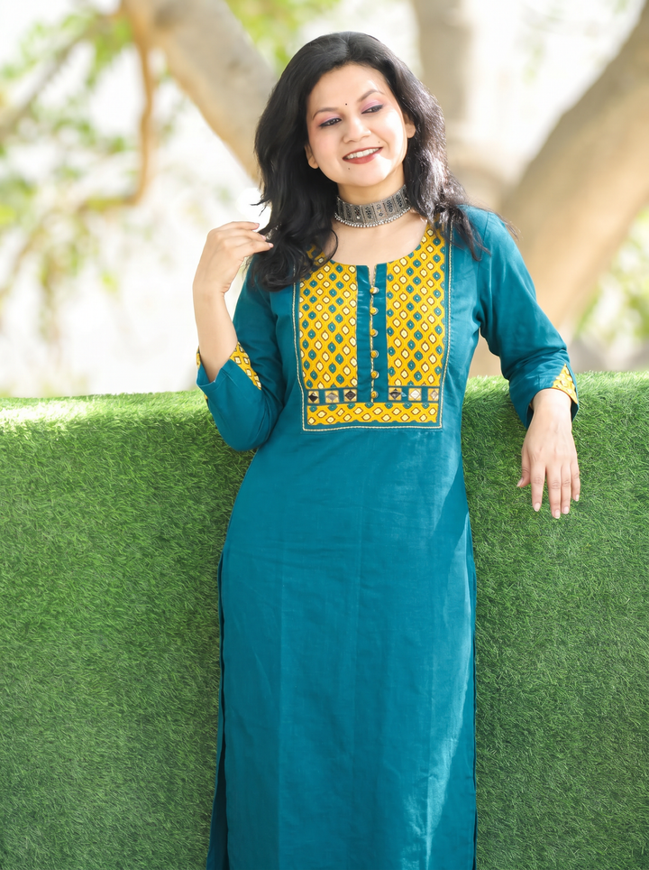 Sridevi Teal Potli with Mirror Ajrak Yoke Cotton Kurti