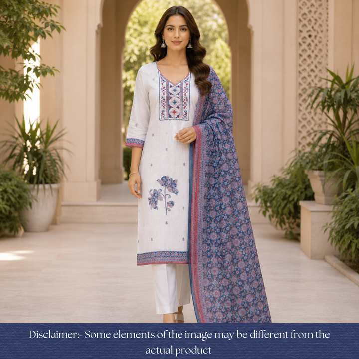 Avantika Beige with Blue Kolkata Hand Embroidered Cotton Linen Set