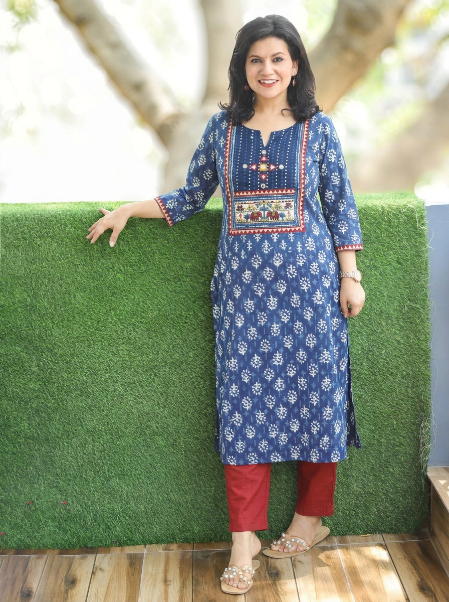 Shardha Prussian Blue Kutch Mirror Dabu Cotton Kurti
