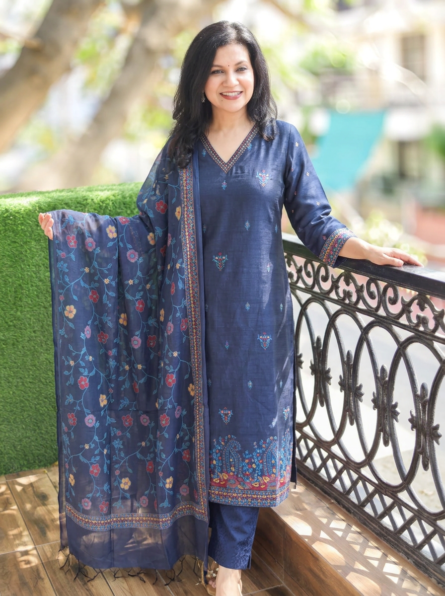 Madhuri Blue Floral Jamdani 3 Piece Set