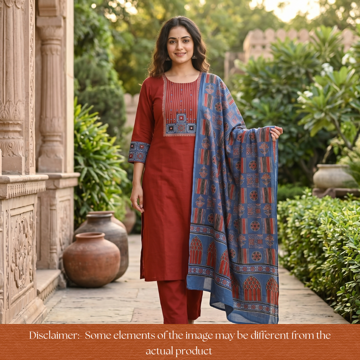 Shaymi Berry Red Kutch Mirror Neck Work Cotton Set