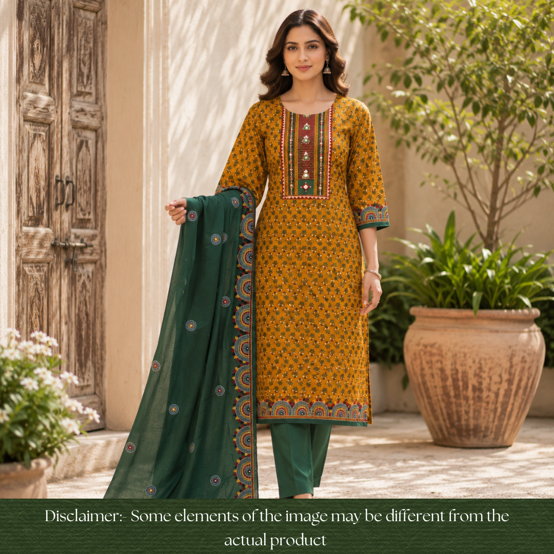 Vaniya Dijon Yellow  Kutch Mirror Yoke Ajrak Print Cotton Set