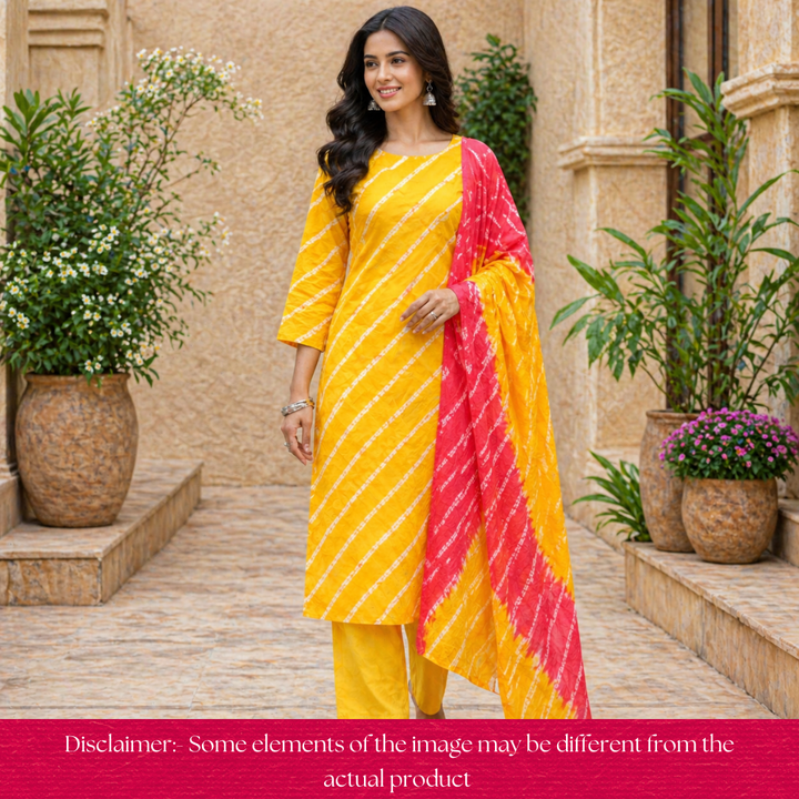Leher Sunflower Orange Leheriya Printed Authentic Bandhej Cotton Satin Set