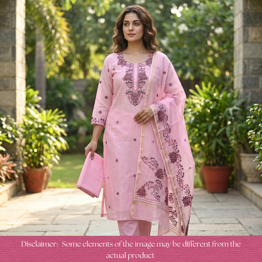 Shivani Soft Pink Kolkata Hand Embriodered Kota Doriya Set
