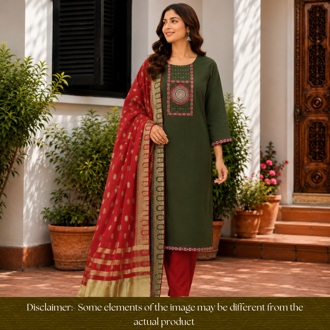 Kakaswi Forest Green Ajrakh Patch with Patra Work Cotton Set